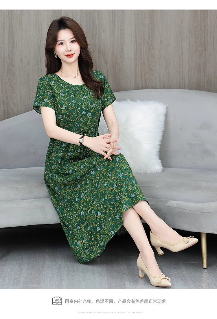 New Elegant Floral Dress  Bohemian plus Size Women Summer Short Sleeve Clothing with Large Hem for Casual Occasions