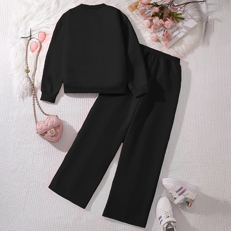 Children‘s Autumn Winter Warm Clothes Sets For Girls Solid Color Heart Print Top And Pants Daily Causal Sports Loose Lounge Wear