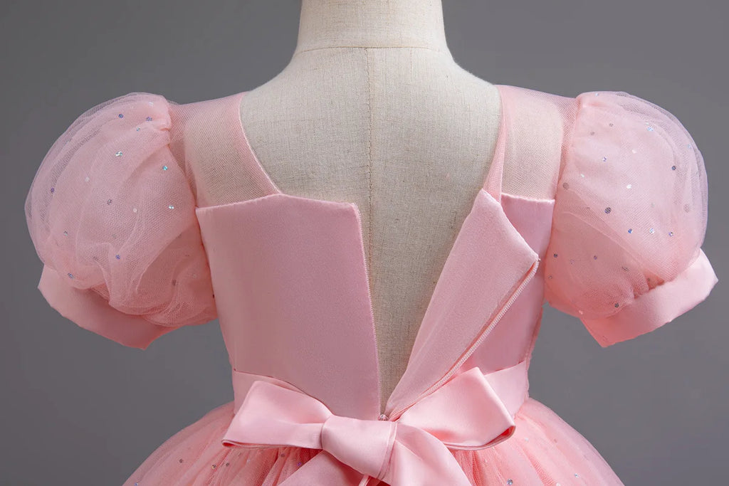 HETISO Pearls Bowknot Kids Girls Dresses Summer Tulle Vintage Elegant Princess Party Gown Children's Gift