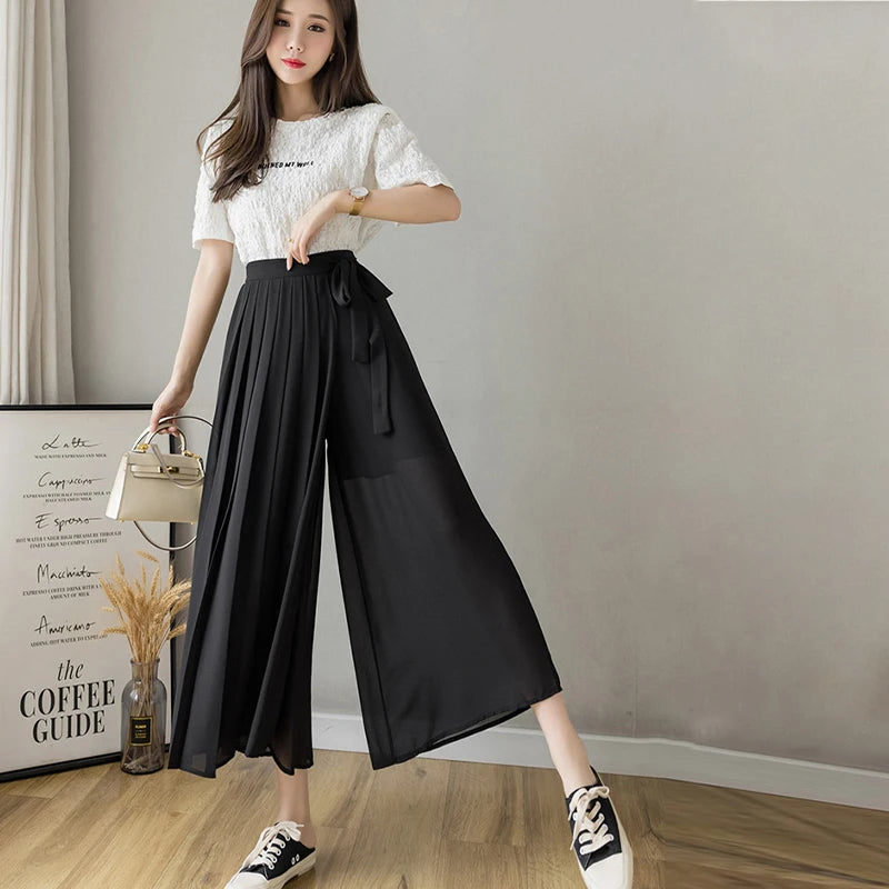 Summer Elastic Pleated Skirt Women Chiffon Trouser Skirt High Waist Casual Wide Leg Pants Fashion Streetwear Pants Pantalones