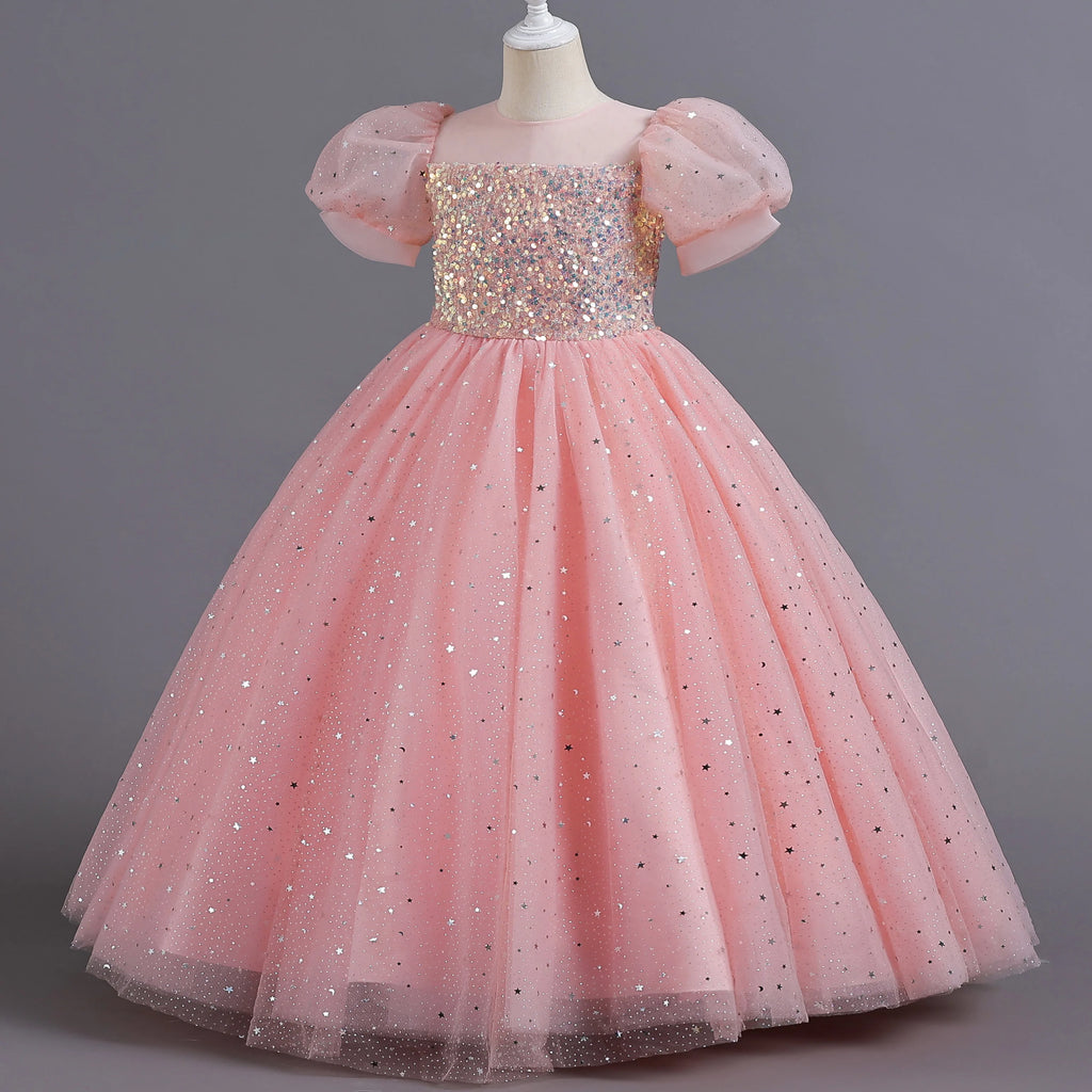 Girls Princess Sequin Bubble Sleeve Long Mesh Flower Dress – Wedding & Summer Party