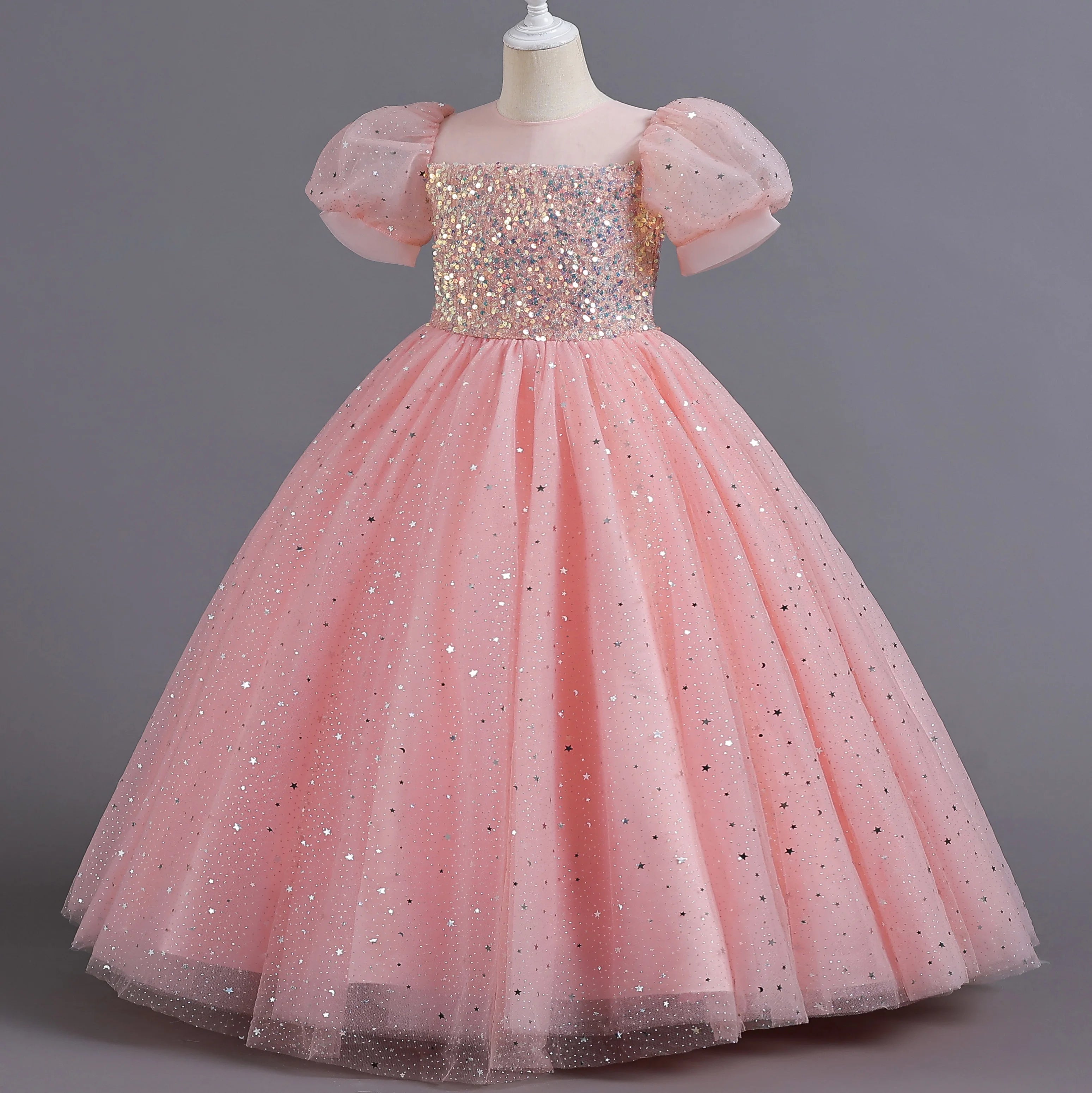 Girls Princess Sequin Bubble Sleeve Long Mesh Flower Dress – Wedding & Summer Party