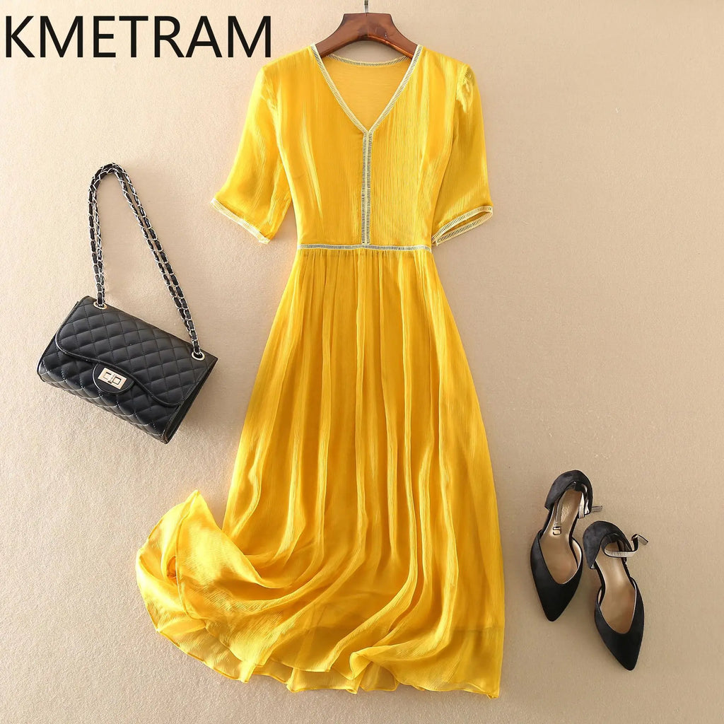 KMETRAM 100% Natural Mulberry Silk Dresses 2025 Woman Summer Elegant V-neck Long Dress Party Frocks Women Clothing Vestidos