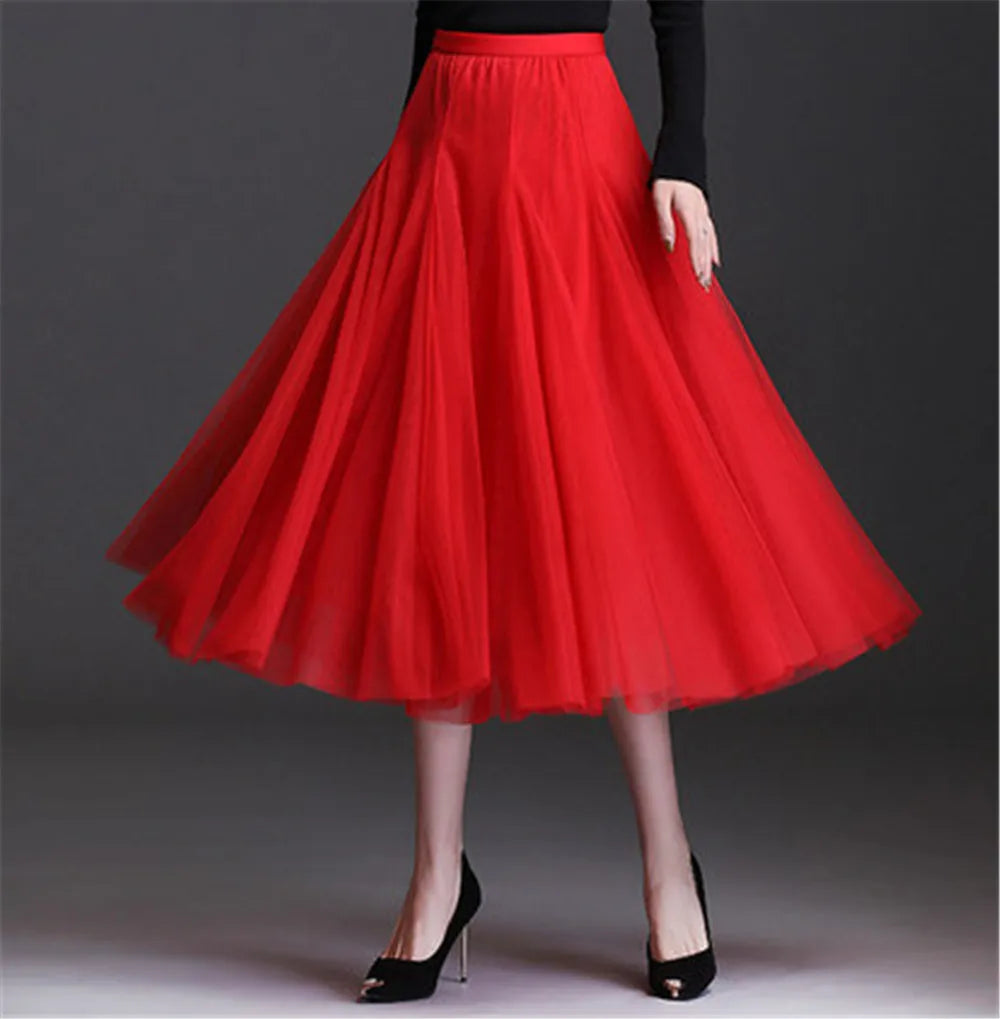 New Women Mesh Elastic Tutu Skirt Beach Spring Summer Korean High Waist Fashion Pleated Long Skirt Black White Tulle Skirts