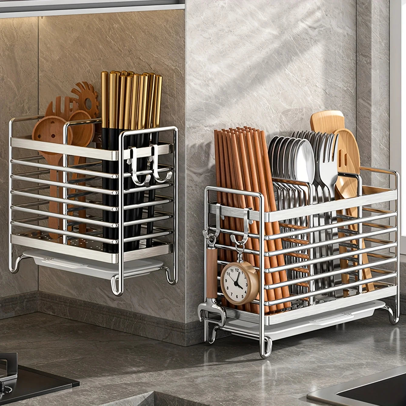 Porta Utensilios de Cocina Montado en Pared sin Taladrar. Organizador de Acero In Inoxidable que Ahorra Espacio para Cubiertos, Ideal para Espacios Pequeños.