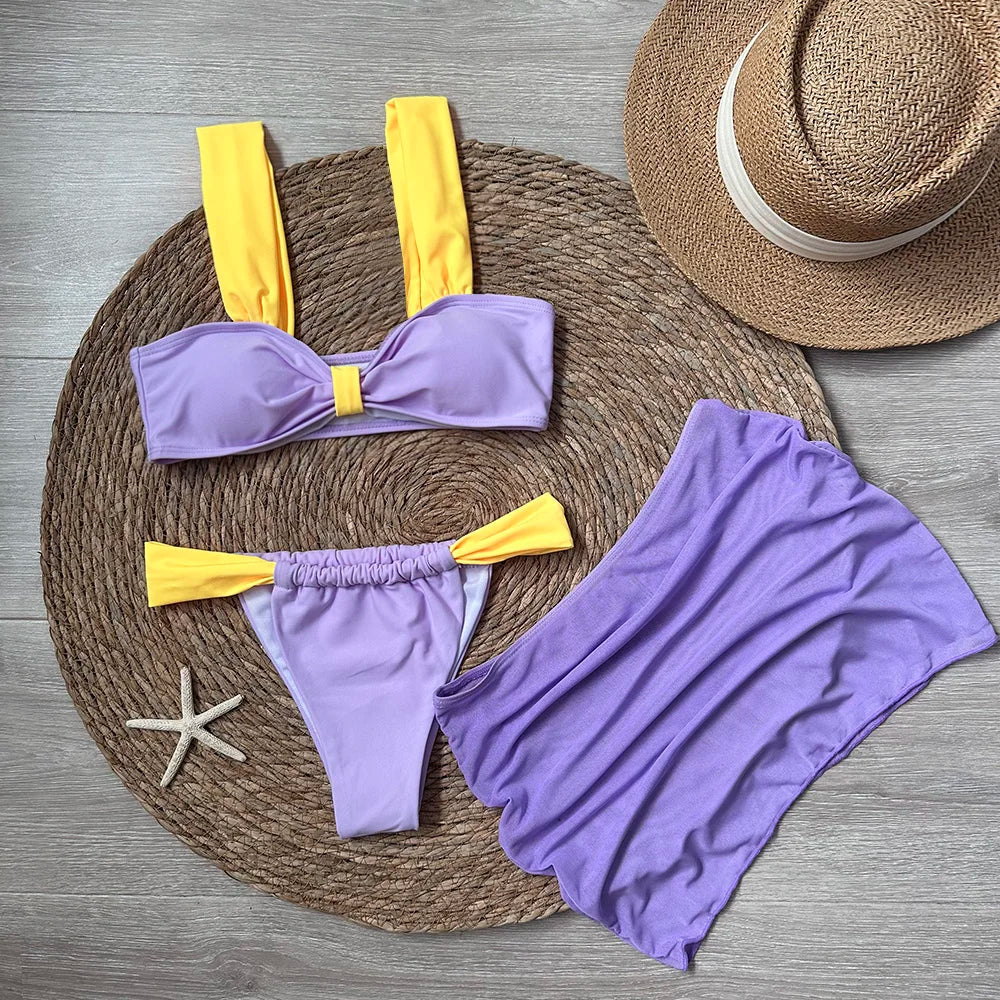 Polovedo Push Up Two Piece Bikini Set With Mini Skirt For Women Beachwear 2024 Floral Lace Solid Bikini