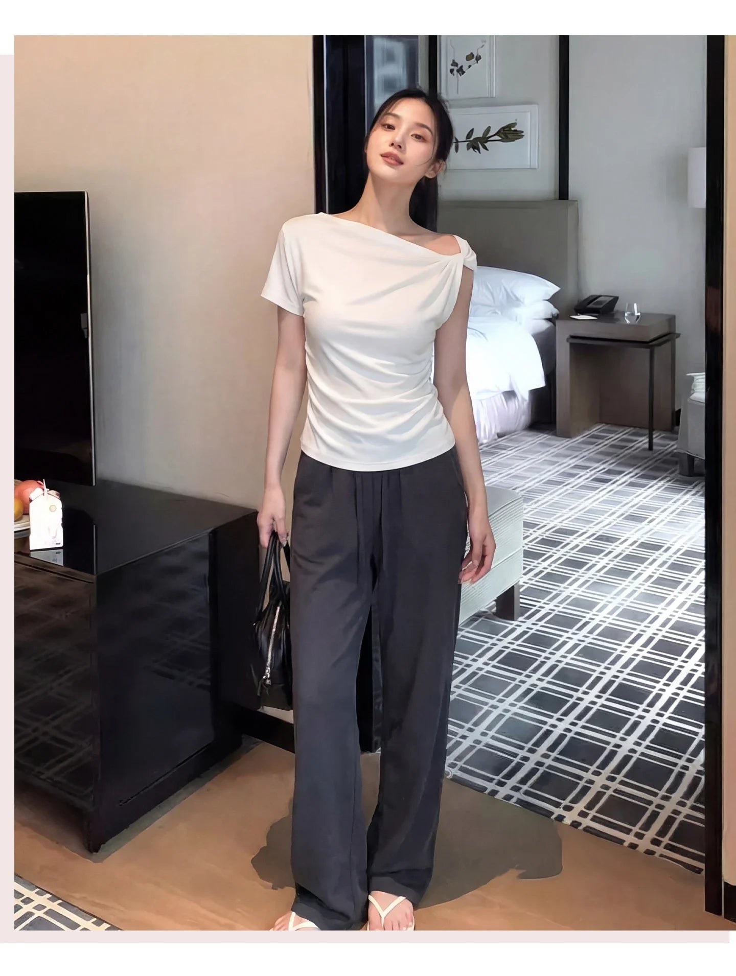 White Diagonal Shoulder Short Sleeve Crop Top 2026 Summer Solid Waist Pleated Women T-shirt Korean Style Minimalist Slim Tee