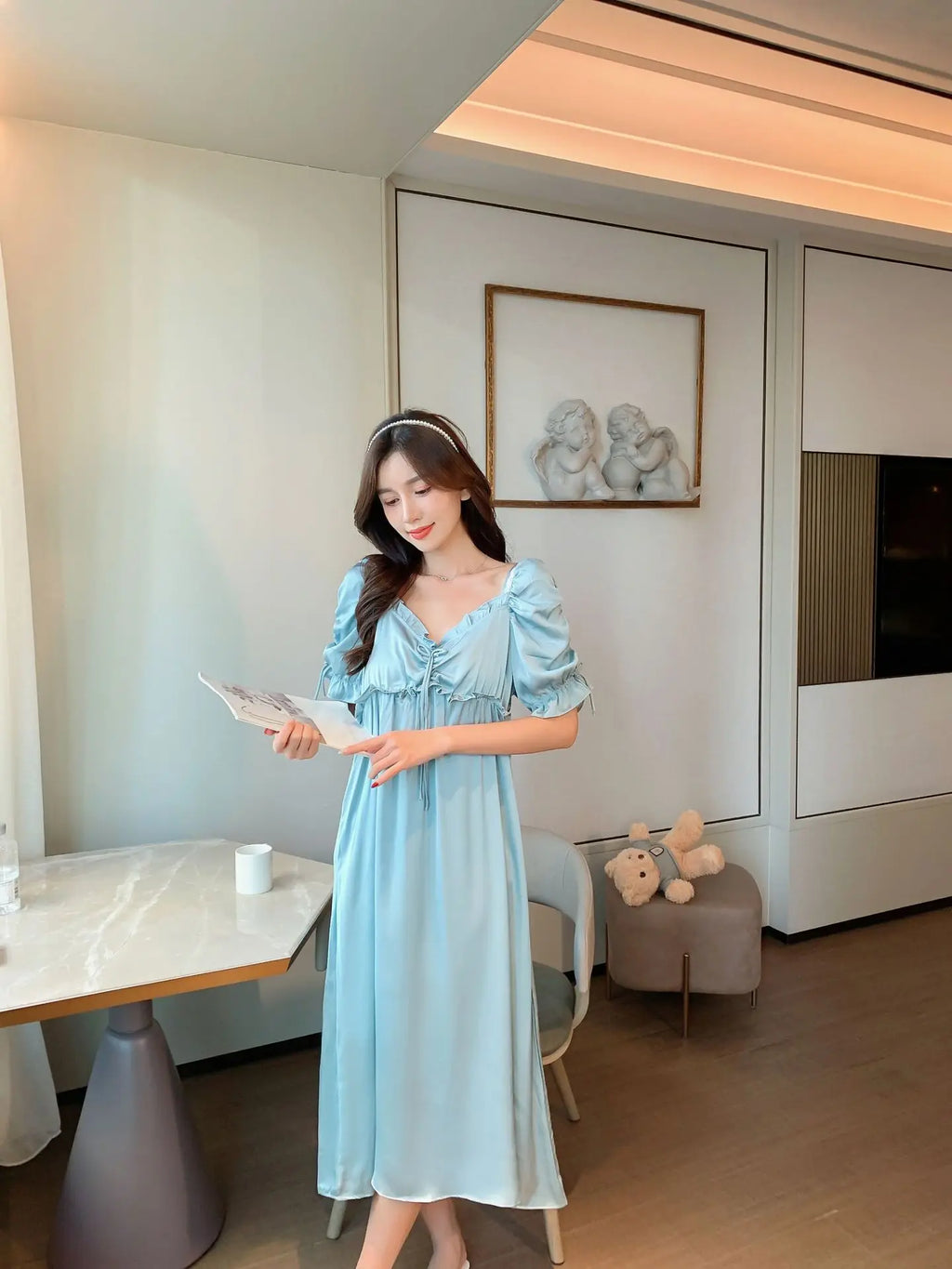Satin Long Nightgown Women Sweet Lovely French Sleepwear Retro Silk Short Sleeve Sleepshirt Ladies Fashion Nightdress Home Dress