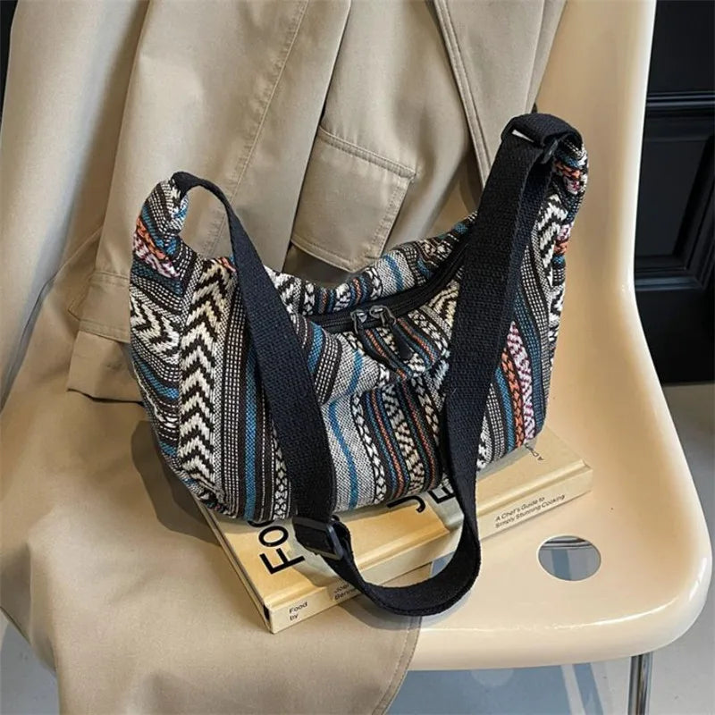 Crossbody Bags Tribal Style Shoulder Bag, Foldable Crossbody Striped Pattern, Flag Theme Hand Washable Edge Painted Lining