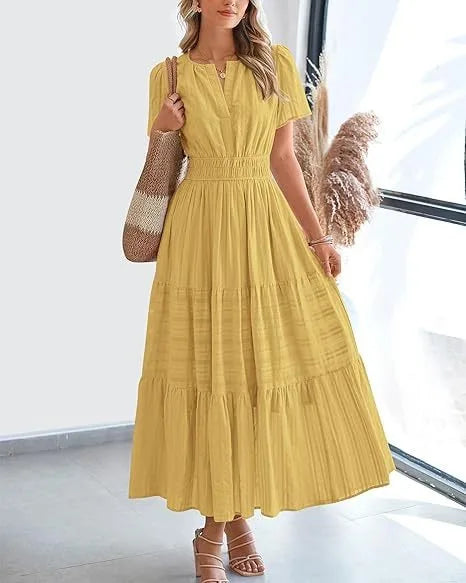 Summer Solid Color V-neck Tight Waist Dress French Style Elegant Pleated Large Swing Long Dress Casual Vacation Style Slimming M