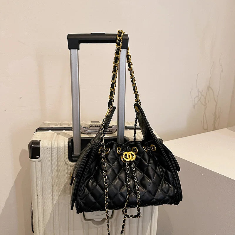 Quilted shoulder underarm bag, large-capacity hobo bag, bucket drawstring chain crossbody bag, women's handbag