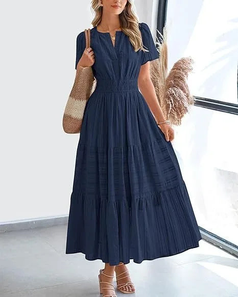 Summer Solid Color V-neck Tight Waist Dress French Style Elegant Pleated Large Swing Long Dress Casual Vacation Style Slimming M