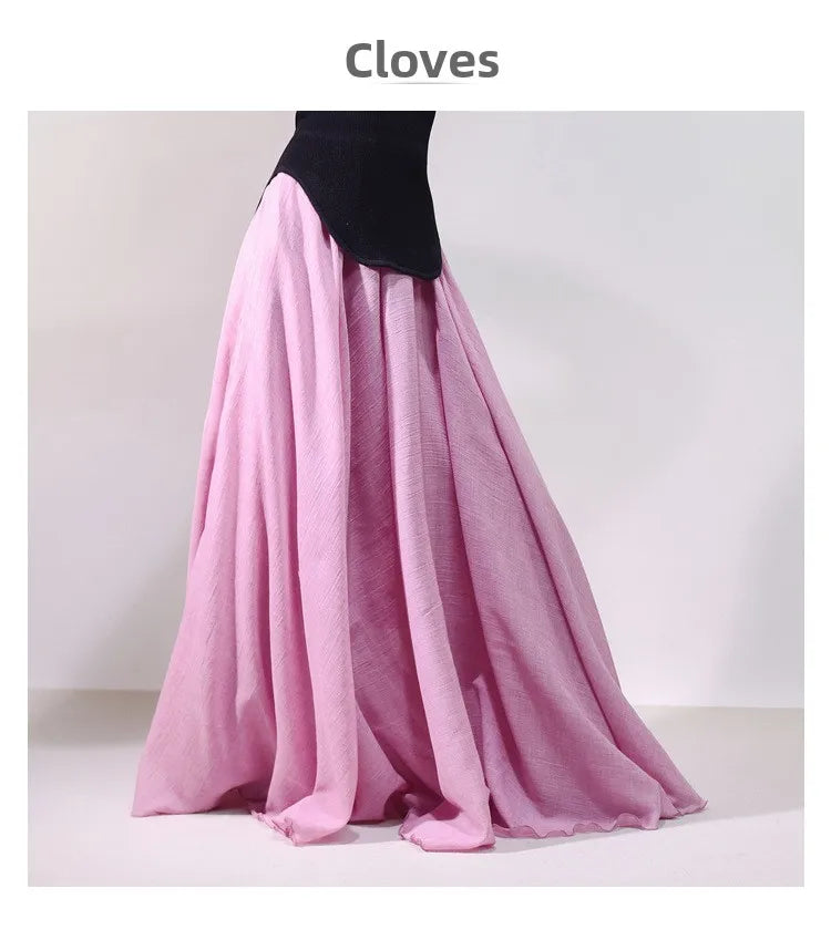 New In 2026 Spring Summer Woman Cotton Linen Midi Skirt Solid Color Loose Flared Pleated A-line Skirt Female Sweet Elegant Skirt