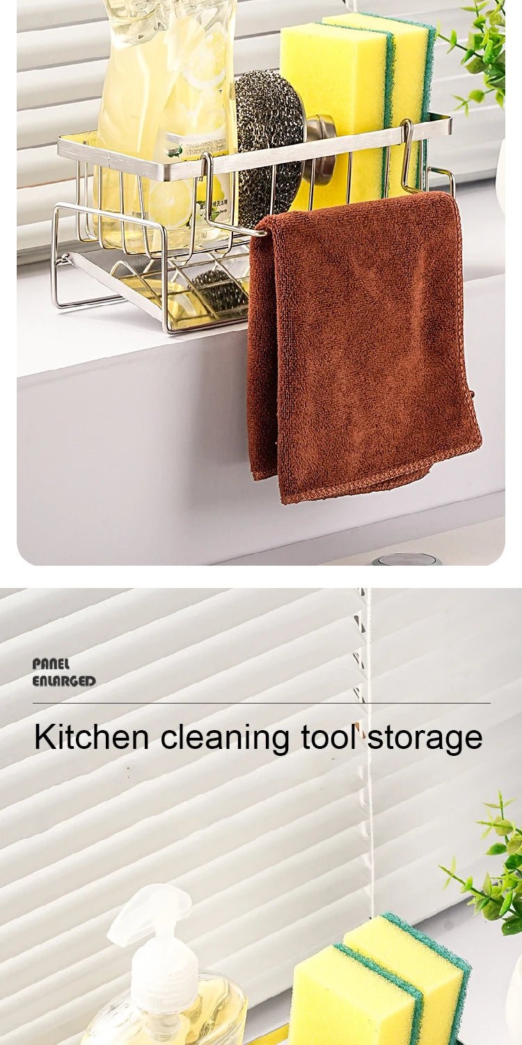 Rejilla de almacenamiento de herramientas de limpieza de fregadero, escurridor multifuncional de acero inoxidable para cocina, organizador de esponjas y detergentes, colgador de trapos