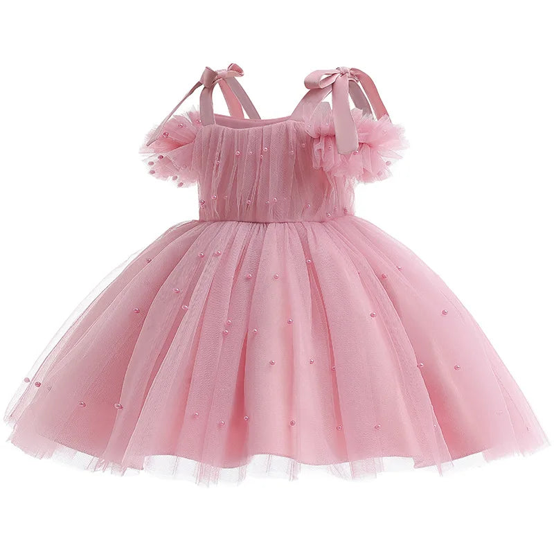 Flower Girls Elegant Cute Bow Pearls Tulle Princess Dress For Toddler Kids Formal Birthday Party Wedding Prom Pageant Puffy Gown