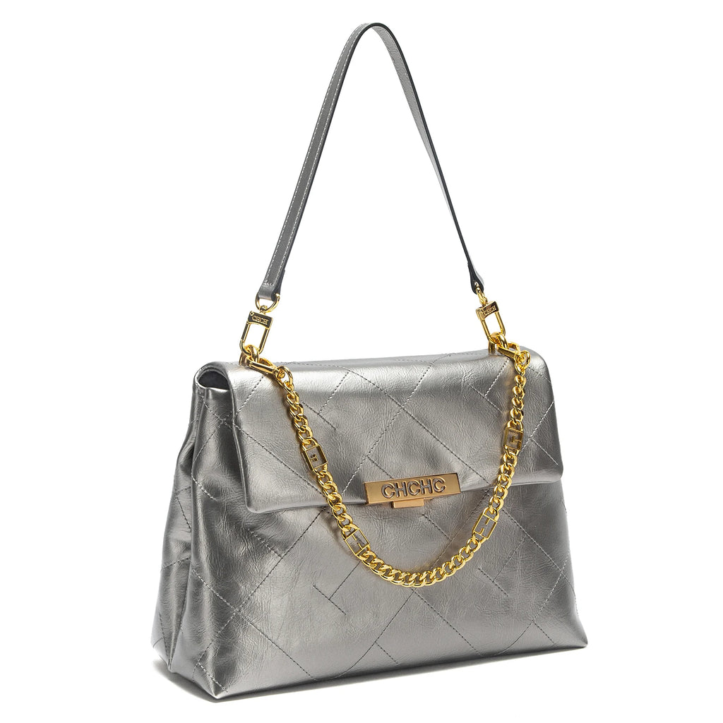 CHCH Women's Tote Bag - Black Faux Leather Diamond Grid Pattern