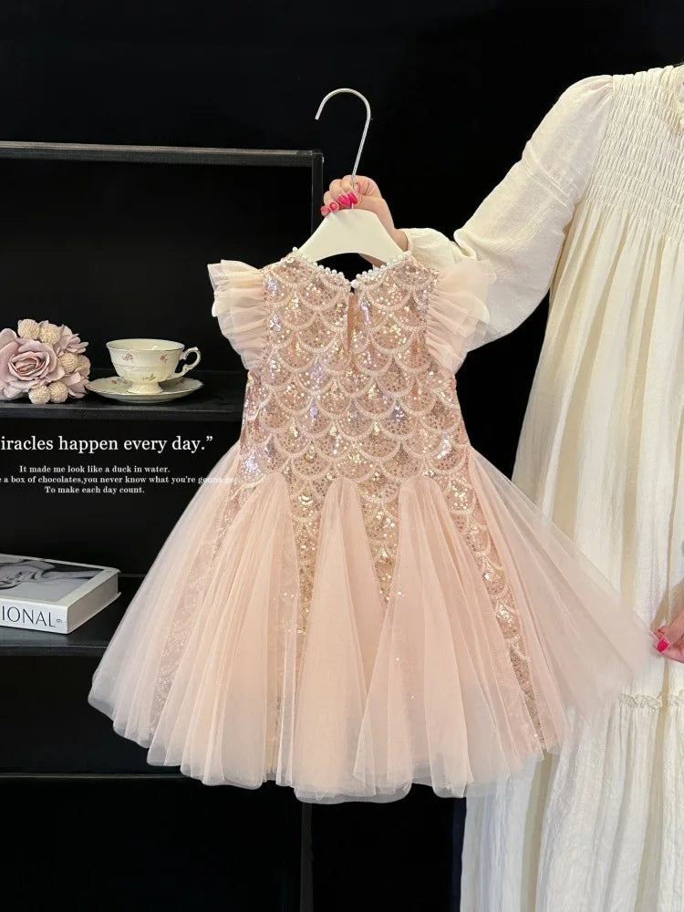 2026 New Summer Party Dresses for Girls Children's Elegant Fashion Mesh Flying Sleeves Sequined Tank Top Princess Skirt S3069