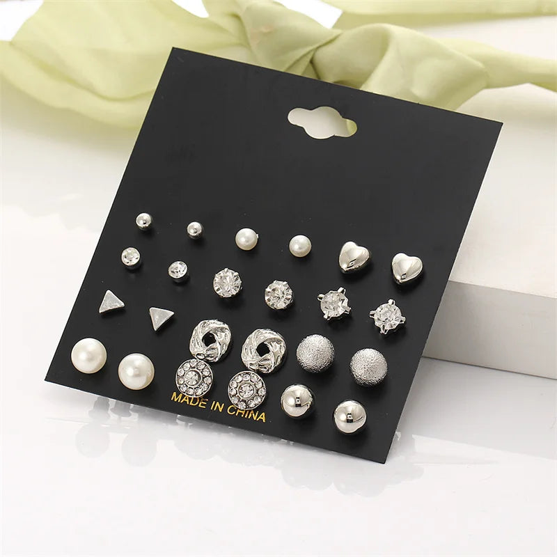 Trendy Vintage Gold Color Earrings Set Pearl Stud Earrings For Women'S Korean Geometric Crystal Small Earrings 2024 Brincosjewelry
