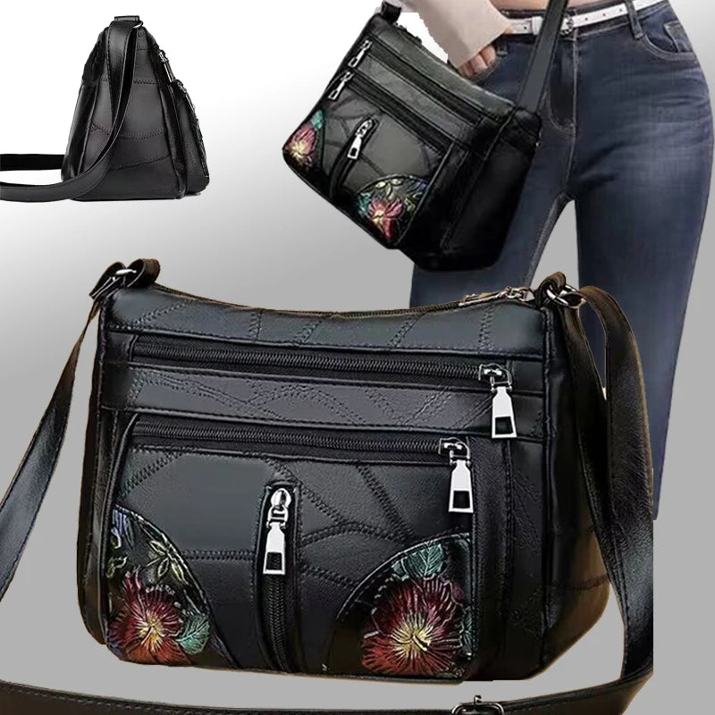 The lady's crossbody bag is made of PU material and features printed patterns, perfect for traveling and shopping.