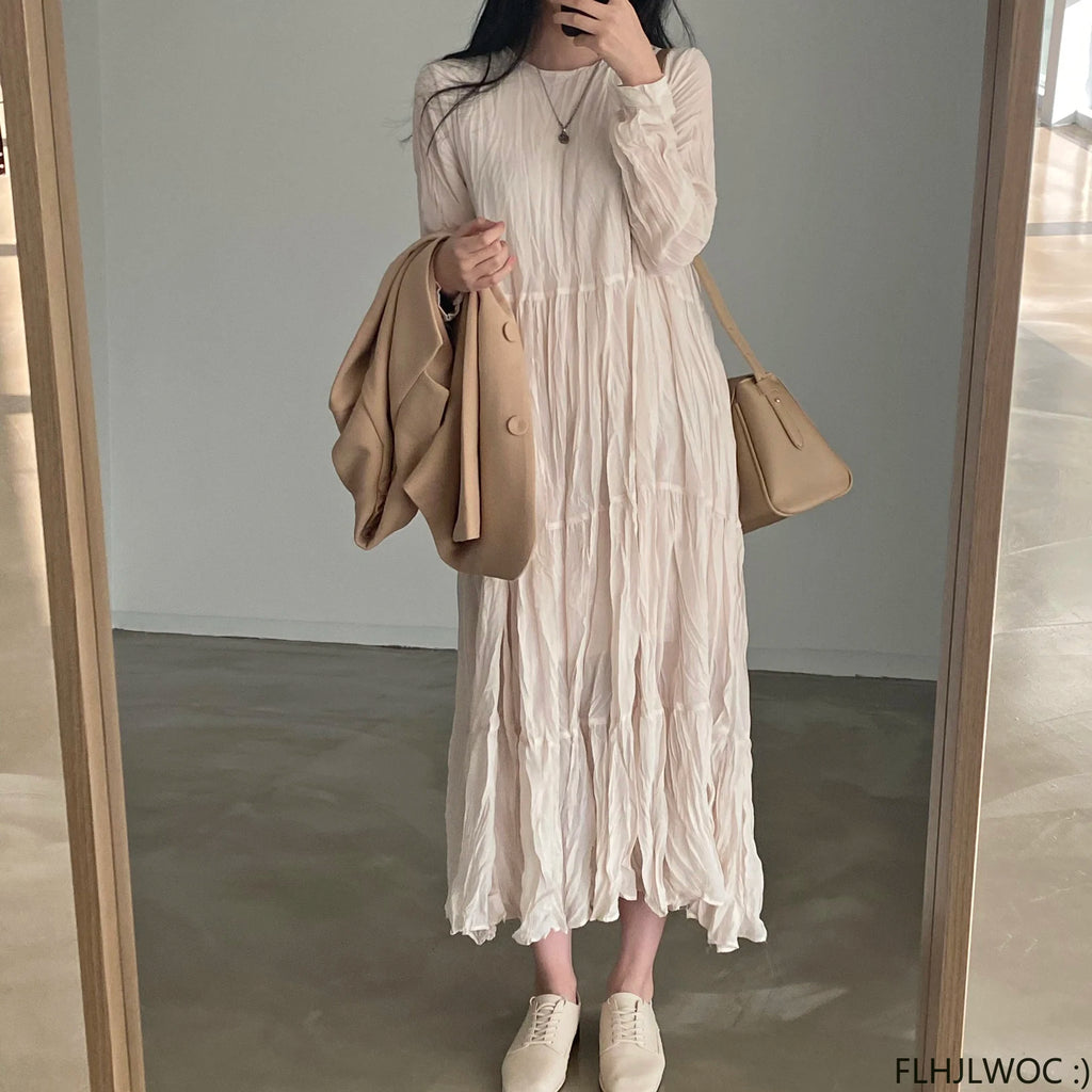 Autumn Spring Wrinkle Loose Dresses New Hot Women Cute Japan Style Retro Vintage Girls Holiday Casual Solid Apricot White Dress