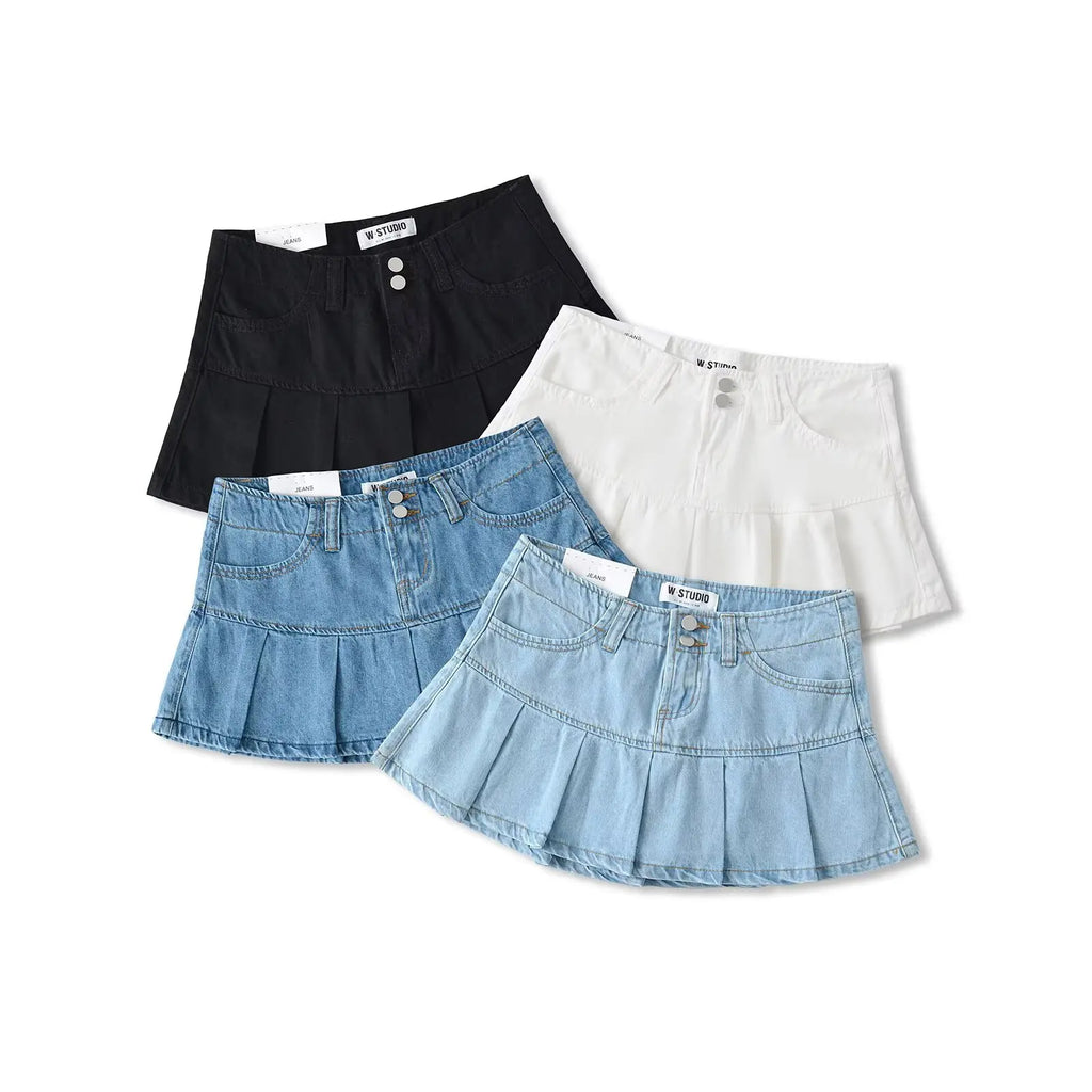 4 colors 2025 Y2K Low Waist Pleated Mini Skirt American Retro Women Package Hips Ruffles Short Skater Skirts With Shorts lining