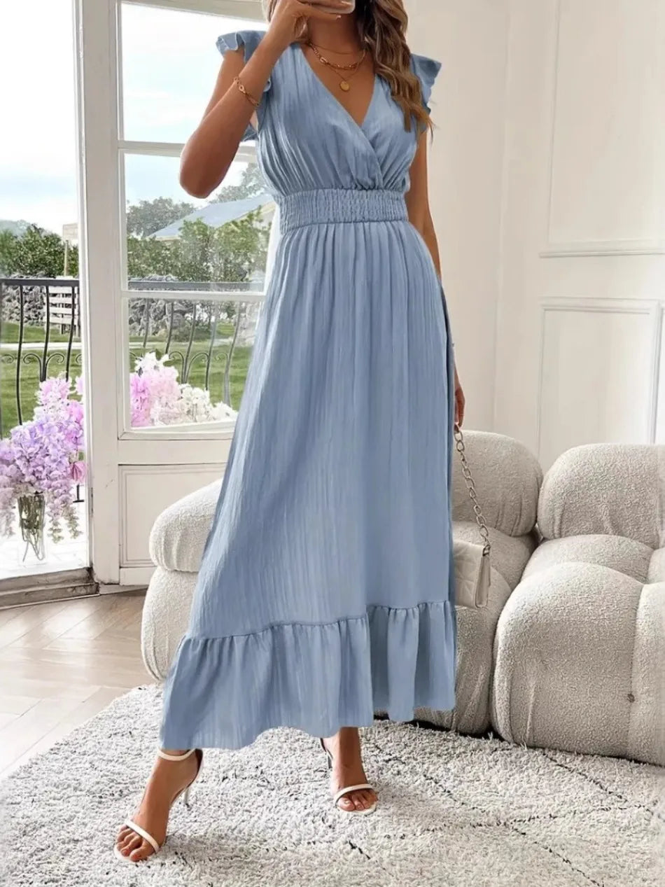 New in Summer Women 's Long Dresses V Neck Solid Color Elastic Waist Gown Office Lady Ruffles Wrinkle Design Casual A Line Dress