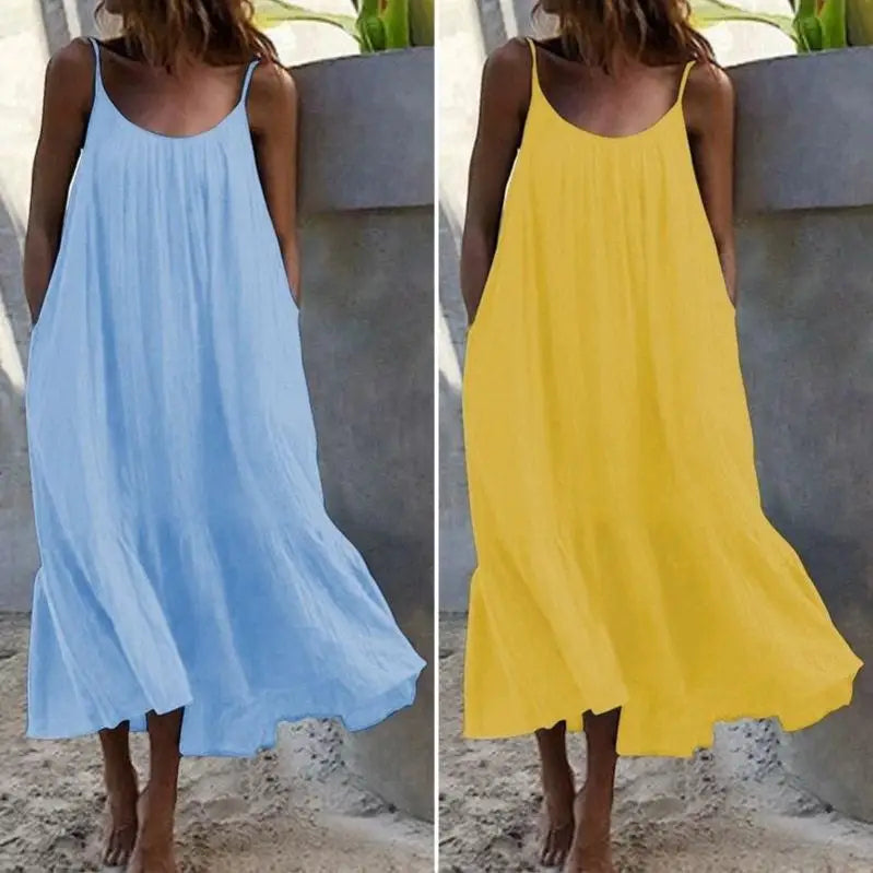 Lotus Leaf  Length Skirt Slim Shoulder High Waist Cotton Casual Style Women's Dress Fashionable Backless U-Neck Gown