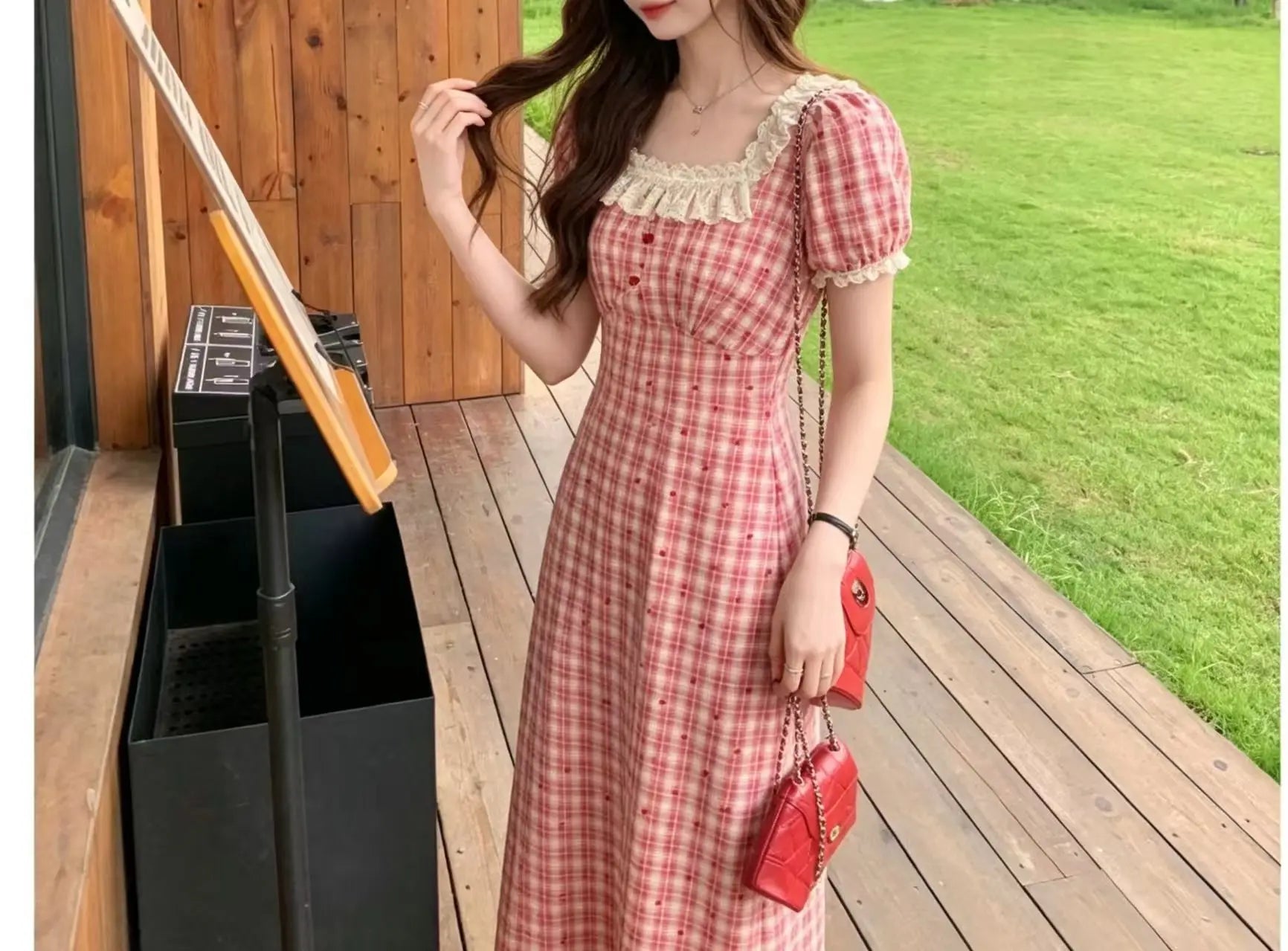Retro Lace Red Plaid Heart Floral Summer Dress plus Size Waist Cinching Belly Covering Slimming Long A-Line Skirt Dress