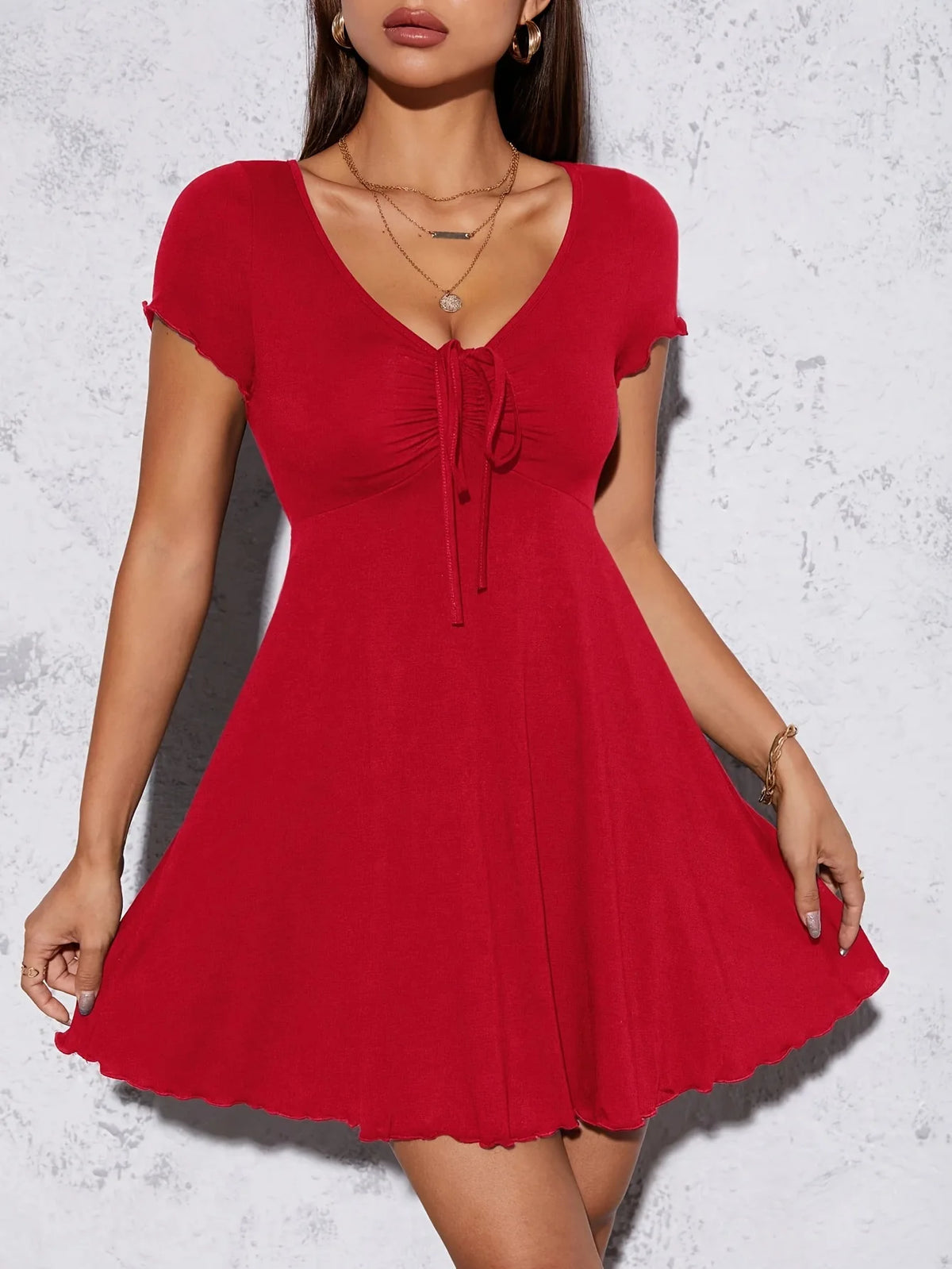Summer Women V Neck Dress Pure Desire Style French Slim Fit Elegant Bowknot Waist Tied Casual Daily Party Dresses
