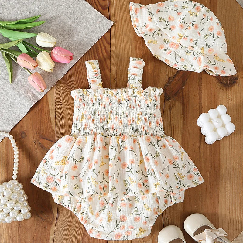 2026 New Summer 0-24M Baby Girl Clothing Toddler Baby Girls Jumpsuit+Hat Sleeveless Cotton Print Newborn Baby Girl Romper