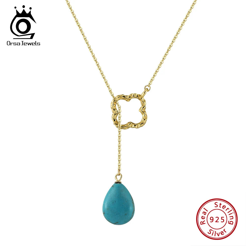 ORSA JEWELS Bohemia Turquoise Stone Pendant Necklace 925 Silver for Women Clavicle Chain Delicate Wedding Party Jewelry GMN47