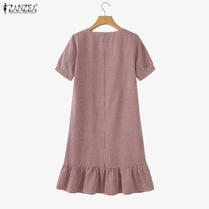 Summer Women's Gingham Knee-Length Dress Suqare Neck Short Puff Sleeve A-Line Ruffled Hem Dresses ZANZEA Daily Casual Robe Femme