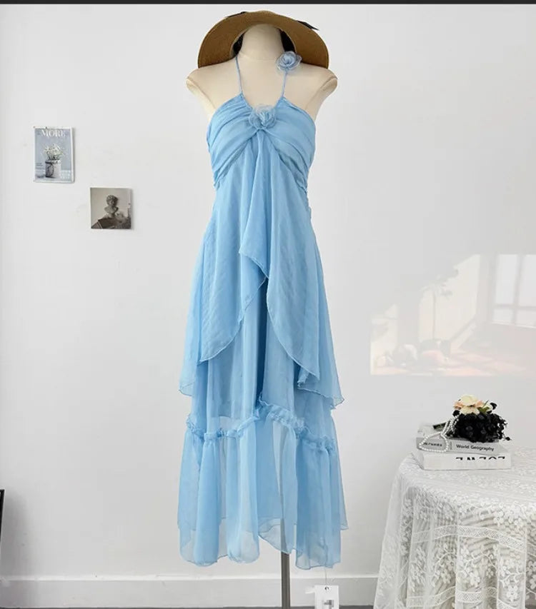 French style three-dimensional flower hanging neck lace-up dress women's summer vacation style sexy backless big swing skirt