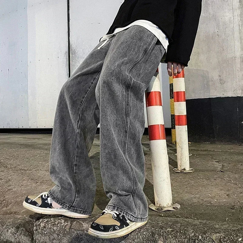 2026 New Streetwear Loose Jeans Men Korean Style Fashion Loose Straight Wide Leg Pants Men's Brand Clothing Black Light Blue