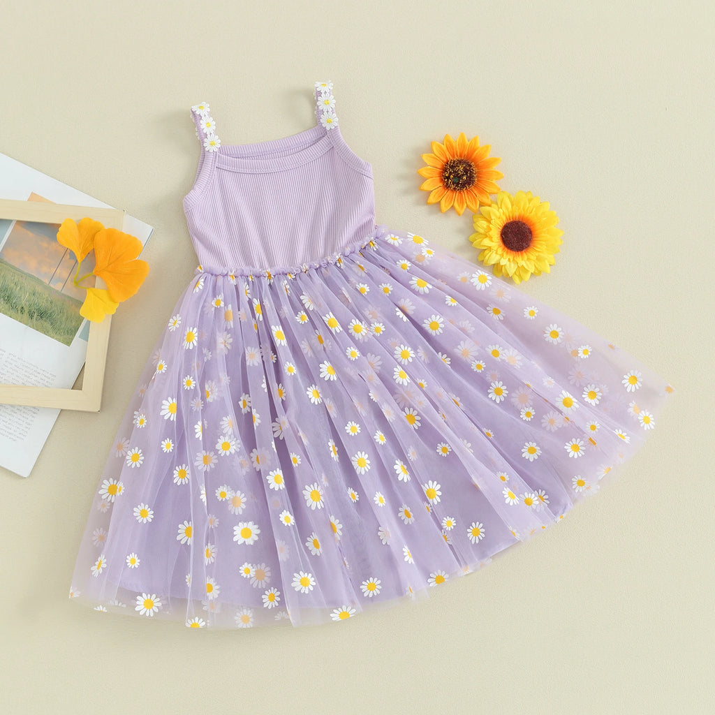 Baby Girls Daisy Mesh Patchwork Princess Dress A Line Sleeveless Lightweight Breathable Beach Party