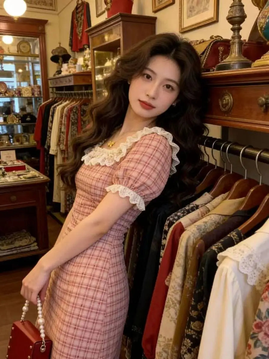 Pink Lace Bubble Sleeve Dress Women's Summer Gentle Style Ultra Beautiful Plaid Slimming Long Dress High Waist A-Line Skirt