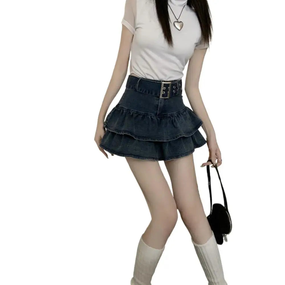 High Waist Short Denim Skirt Women's Summer Dopaamine Design Slimming A-Line Skirt with Lace Trim Super Short Casual Skirt
