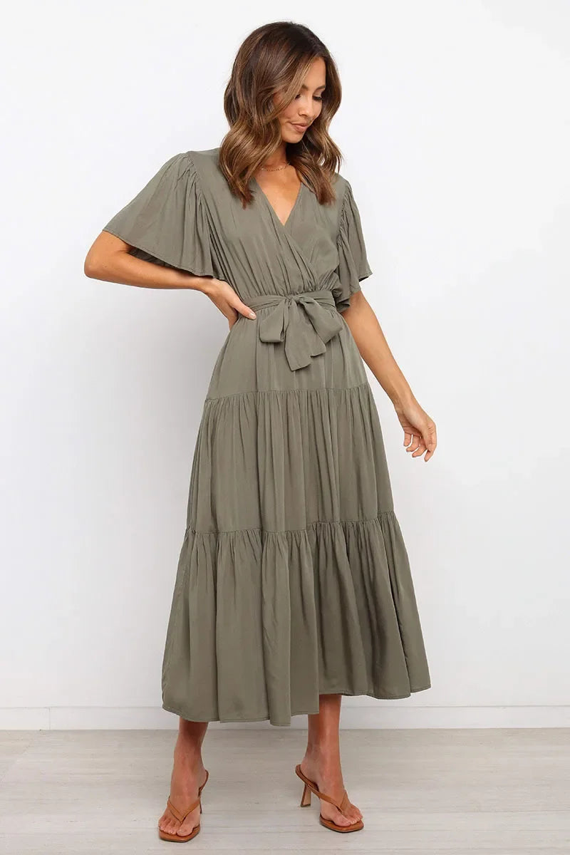 Summer Bohemian Long Dress Pure Color V-Neck Short Sleeve Empire Waist Design Floor Length with Belt Loose Fit Women's Dress