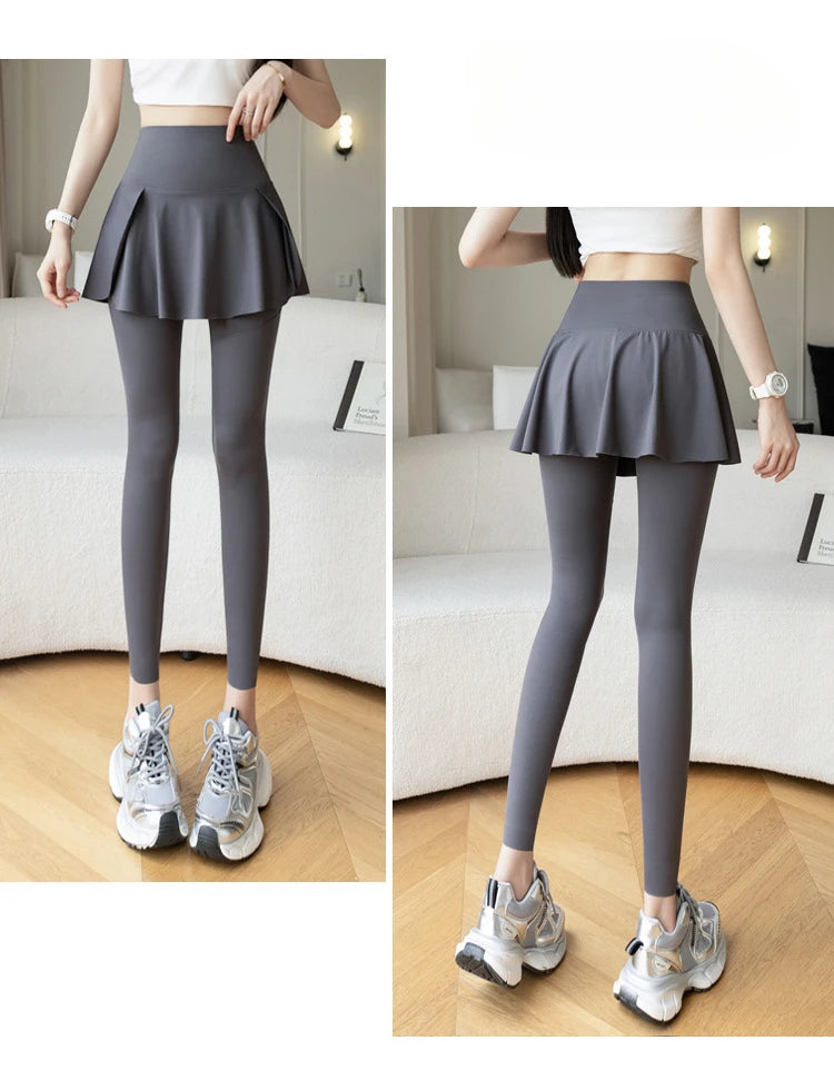 Women Fake Two Pieces Leggings Seamless Fitness Leggings High Waist with Pocket Elastic Slim Fashion Hip Liftting Yoga Pants