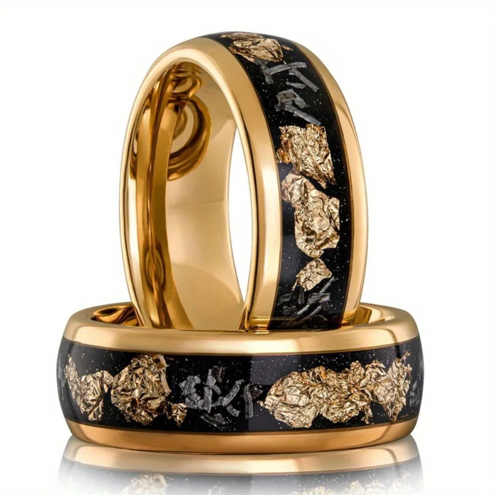 8MM Gold Color Men Stainless Steel Rings Gold Foil Inlay Engagement Wedding Band Jewelry Unique Steel Ring For Gift Wholesale