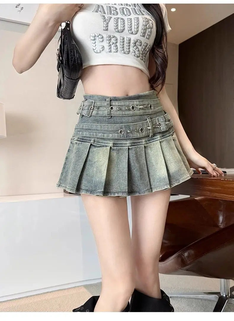 Summer Harajuku Denim Pleated Skirts Womens Y2k Aesthetic High Waist Belt Gothic Skirt Vintage A-Line Streetwear Grunge Faldas