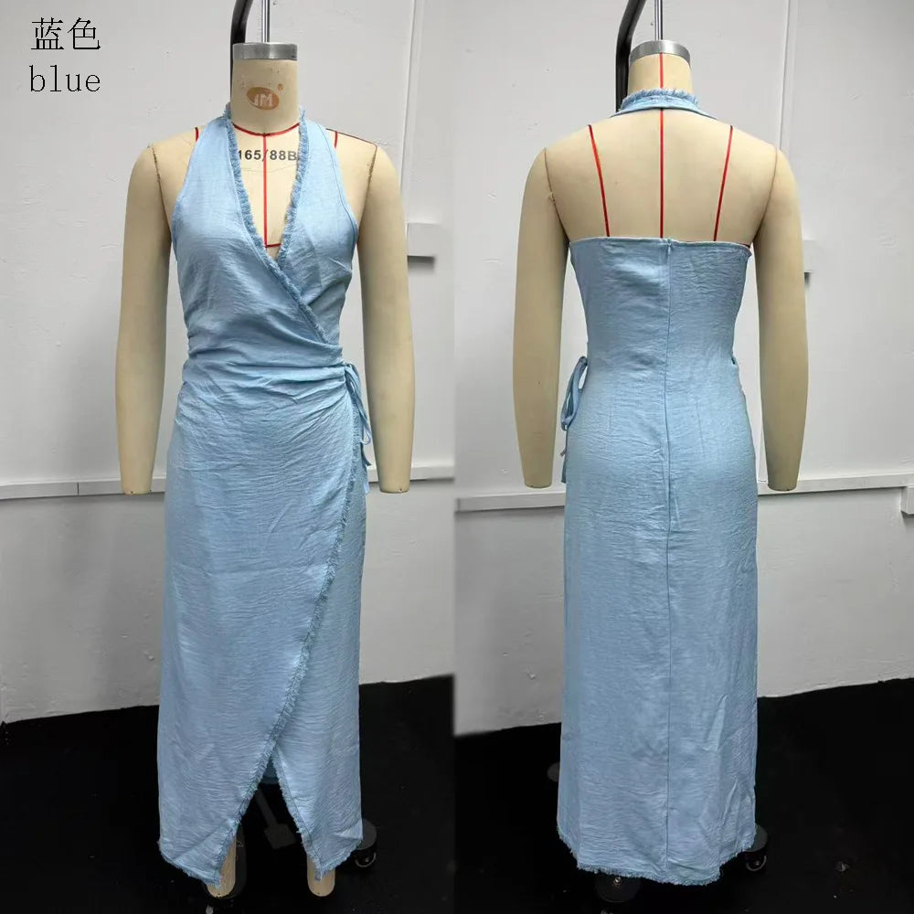 Women's Dress Elegent Solid Color Summer Deep V Neck Sleeveless High Split Lace Trim Wrap Lace-up Bohemian Vacation Dresses