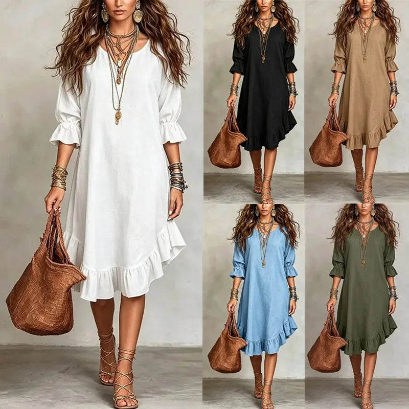 Retro Solid Summer Women's Dress Fashion Casual V-Neck Irregular lotus leaf edges Midi Dress Loose Simple Elegant Party Dress