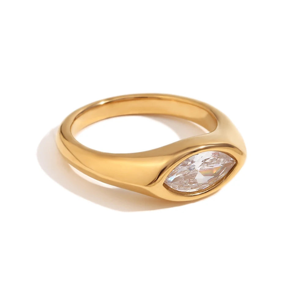 E.B.Belle Horse Eye Zircon Seal Ring 316L Stainless Steel Hypoallergenic 18K Gold Plated For Women