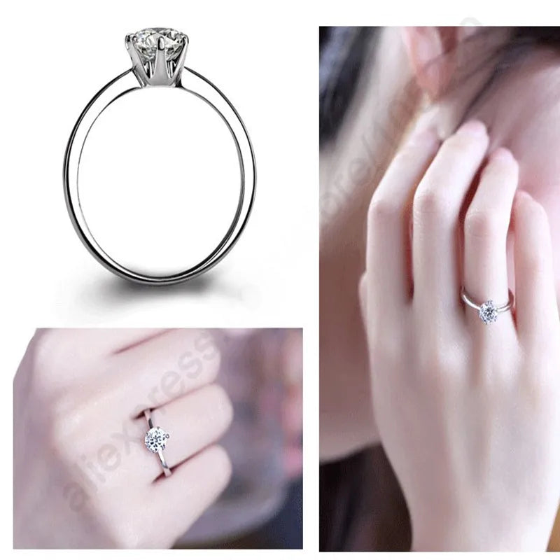 Elegant Classic Real 925 Sterling Silver Finger Rings Jewelry Crystal Cubic Zircons 6 Claws Women'S Wedding Anillos