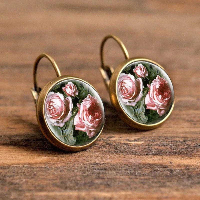 Hot Selling Pop Jewelry Dome Glass Alloy Earrings Flower Painting Noble Fashion