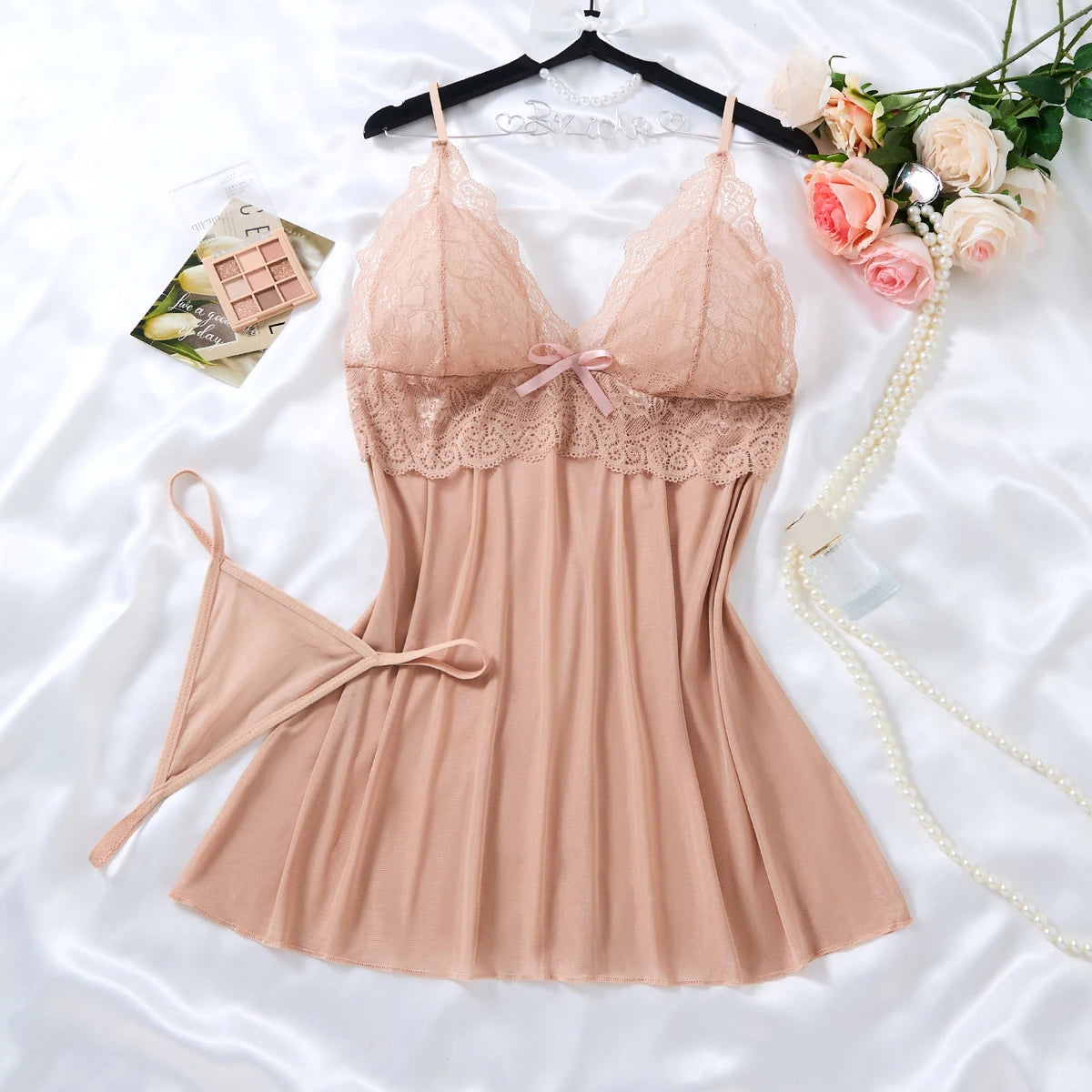 Sleeveless Short Night Dress Summer Sets Lace Tulle Pajamas Hot Women's Sexy Nightgown With Thong Suit Suspender Backless Robe