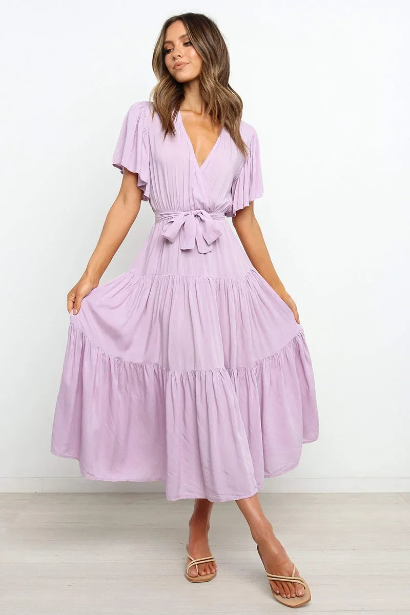 Summer Bohemian Long Dress Pure Color V-Neck Short Sleeve Empire Waist Design Floor Length with Belt Loose Fit Women's Dress