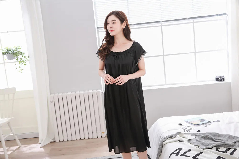 2026 New Women's Summer Imitation Silk Sleeping Skirt Multi Colored Short Sleeved Home Clothes Ice Silk Pajama Dress