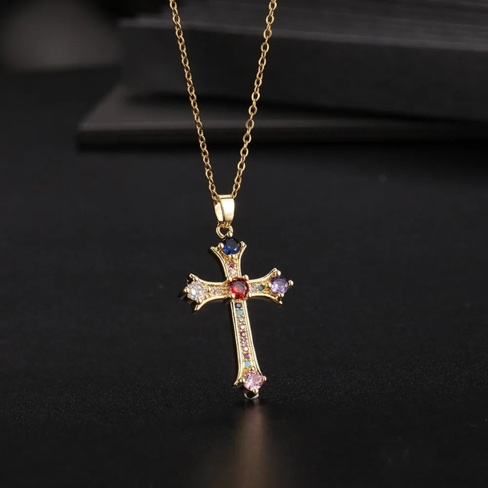 1 Piece Of Fashionable, And Versatile Micro-Inlaid Zircon Christmas Cross Necklace For Men And Women'S